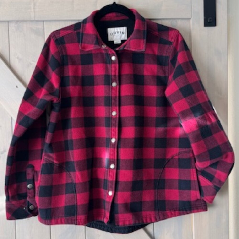 Orvis Womens Black and Plaid Buffalo Check Flannel Fleece Shacket EUC Size L
